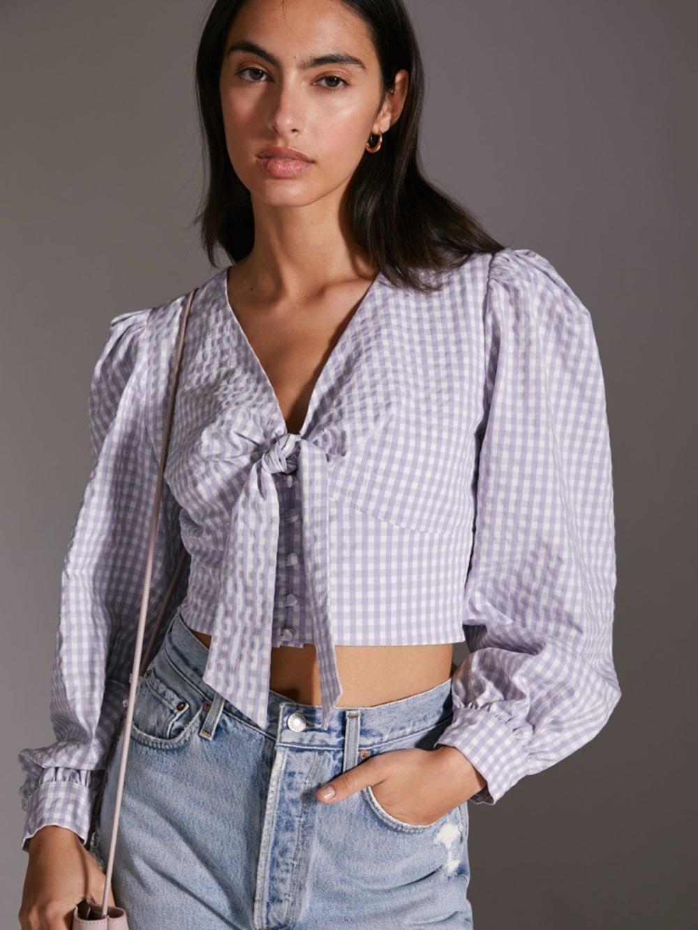 Maeve Lavender Gingham Tie-Front Puff Sleeve Top 20 w